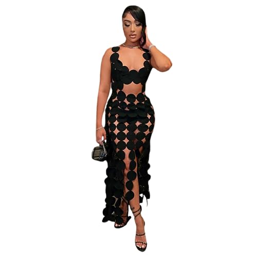Image of Women's Sexy Sleeveless Hollow Out Maxi Dress Tassel See Through Backless Bodycon Party Club Long Dress