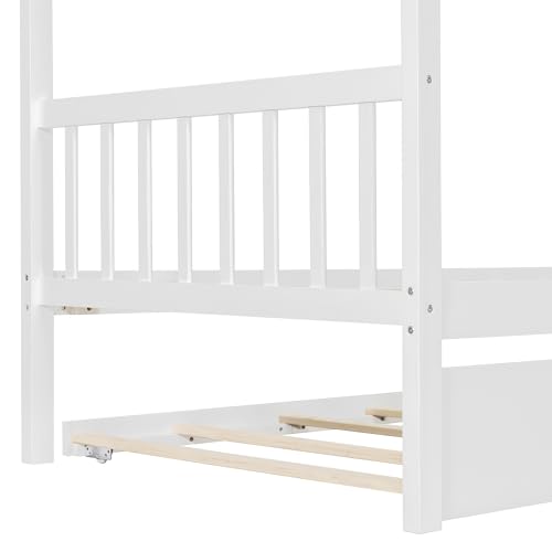 Image of Twin Size Creativity House Bed with Roof Frame and Twin Size Trundle, Montessori Wooden Platform Bed with Sturdy Slats Support for Kids Teens Girls Boys, No Box Spring Needed (White-02, Twin)
