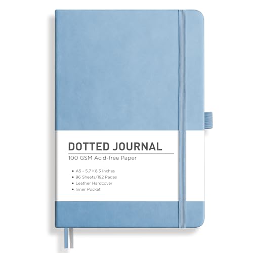 Image of RETTACY Dotted Journal Notebook, 192 Pages, A5 Medium Size (5.7'' x 8.3'') | Leather Hardcover, 100 GSM Thick Paper, for Journaling, Planning, Tracking (Light Blue)