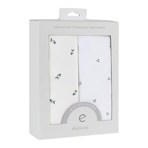 Image of Ely's & Co. Patent Pending Waterproof Pack and Play Sheets, 100% Cotton with Waterproof Lining – 2 Pack Fitted Mini Crib Sheet Set, Berry and Cluster Dot (Blue) 38” x 24”