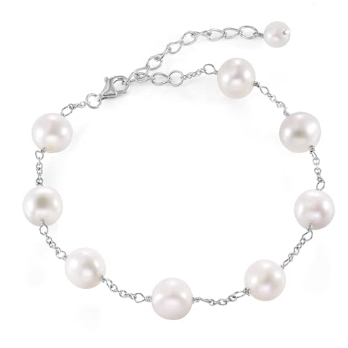 JFUME Pearl Bracelets for Women 925 Sterling Silver Rhodium Plated with 8-9mm White Cultured Freshwater Pearl Bracelet 7.5inches Adjustable