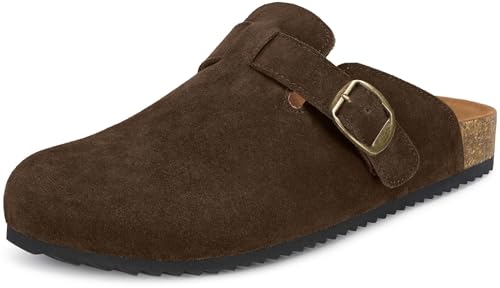 Image of Genuine Suede Clogs Womens Mens Cork Footbed Sandals Potato Shoes | Unisex Suede Leather Mules ,Arch Support,Adjustable Metal Buckle,Cork and Rubber,Wonderful Quality