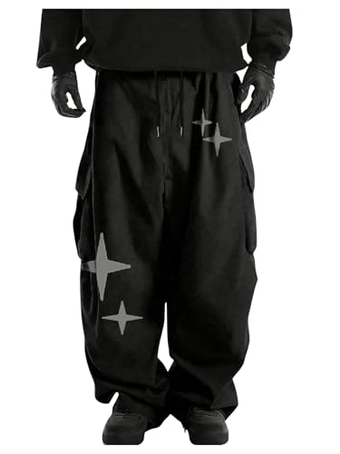 Verdusa Men's Star Print Cargo Pants Streetwear Wide Straight Leg Baggy Pants with Pockets
