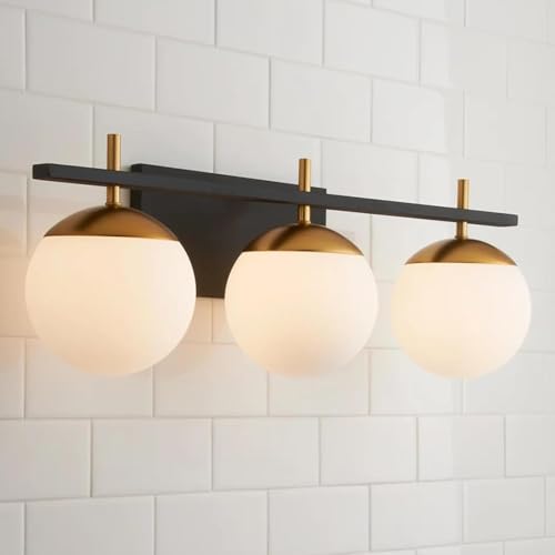 LOCLGPM Mid Century 3-Light Bathroom Vanity Light Over Mirror, Black and Gold Modern Bathroom Light Fixtures with Milky White Frosted Glass Globe Shade, Wall Sconces for Bathroom, Stairs, Kitchen