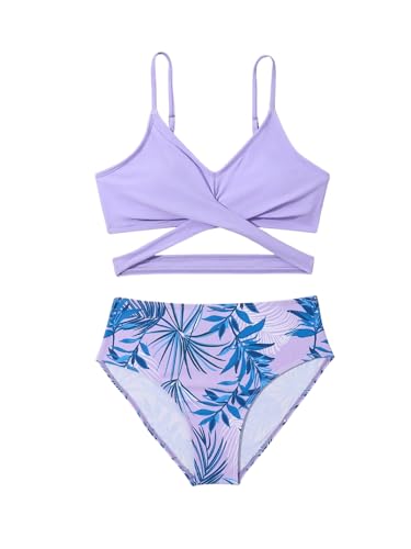 Milumia Girl's 2 Piece Swimsuits Tropical Print Wrap Cross Cute Bathing Suits Swimwear3