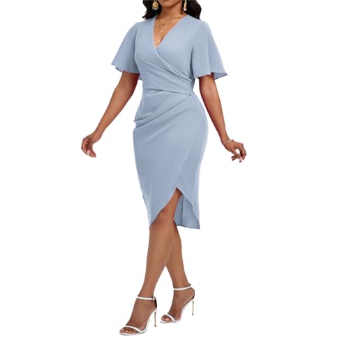 Image of Women's Wrap V Neck Asymmetrical Hem Midi Ruched Cocktail Evening Dress | Back Zipper, Regular Fit, Club Night, Semi Office Formal, Wedding Dinner Date, Flutter Short Sleeve