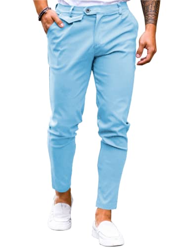 Image of Mens Chinos Slim Fit Pants Stretch Tapered Dress Pant Casual Trousers | Skinny Slacks, Flat Front Design, Stretch Cotton Fabric, Solid or Plaid, Work Dress Pants, Business Casual Wear