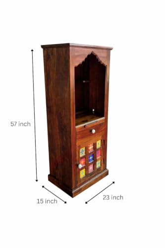 Image of Solid Sheesham Wood Temple for Home & Office /Mandir /God Stand /Pooja Stand /Home Mandap /Mandapam with Cabinet 1 Doors & Multiple Storage /Shelf with Drawers (Honey TmT1, 23x15x57 inch)