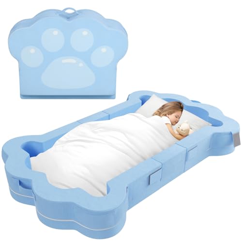 Mmucco Portable Toddler Bed,Foldable Toddler Travel Bed for Kids,Toddler Floor Bed for 1-5,Soft and Safe (Blue)