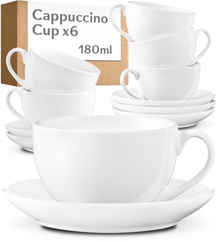 Cosumy 6 Cappuccino Cups & Saucers White Tea Cups Set of 6 Coffee Cups Ceramic Set Cup and Saucer Set Coffee Cup Set for Home Office & Café Tea Cups and Saucers Flat White Cups 180ml