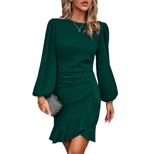 TcIFE Damen Kleid Freizeitkleid Rundhals Langarm Bodycon Rüschenkleid Kurz Enges Mini Kleider Klassic Casualkleid Elegant Frauen, Grün, XL