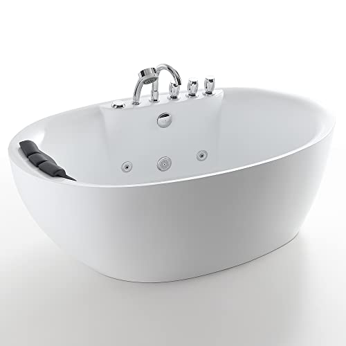 Empava 59-Inch Freestanding Whirlpool Bathtub Oval With 7 Hydromassage Adjustable Water Jets Luxury Acrylic Massage Spa Soaking Bath Tub Single Ended, White #TOP2
