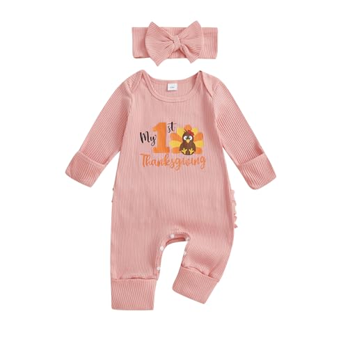 Image of citgeett My First Thanksgiving Baby Girl Outfit Turkey Onesie Long Sleeve Romper Jumpsuit Infant Newborn Girl Outfits Clothes