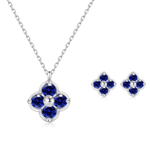 PHNIBIRD Parure Bijoux Femme Saphir Boucles D'Oreilles Et Collier Trefle Argent 925 Bijoux Cadeau...