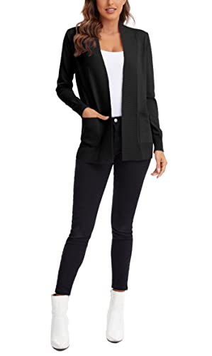 Urban Coco Women's Lightweight Open Front Knit Cardigan Sweater Long Sleeve With Pocket (Black, Xl) #TOP4