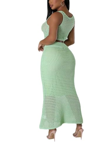 Image of Women Plus Two-Piece Skirt Set Tassel Fishing Net Knittin Hollow Out Off Shoulder Beach Dresses Swimsuit Cover Ups