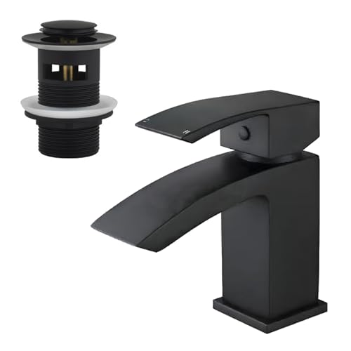 Grifos de lavabo cuadrados con desagüe emergente, grifo mezclador de lavabo negro cascada con ranurado emergente para lavabo de baño, monomando monomando de 1 agujero, monomando moderno con grifos