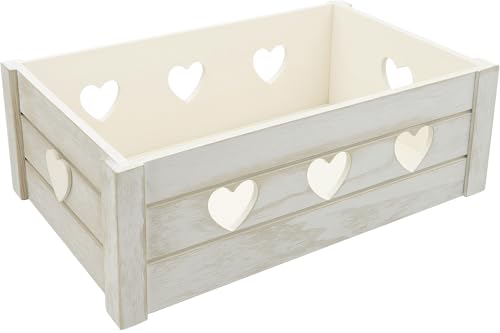 khevga Geschenkkorb leer mit Herz-Applikationen – Muttertag Geschenk für Mama – Holz Geschenkbox 30×20×12 cm – Dekokiste weiß gekalkt – Aufbewahrungsbox Vintage Shabby Chic