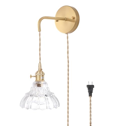 Image of Shenmoyl Vintage Wall Sconce with Clear Lily of the Valley Glass Shade Hanging Wall Sconce with 4.9FT Plug in Cord, Modern Wall Lamp Fixtures Decor for Bedside Bedroom Indoor Doorway