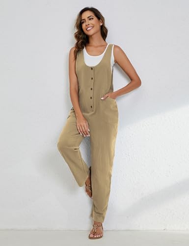Image of Yeokou Womens Overalls Linen Cotton Jumpsuits Loose Casual Jumpers with Pockets