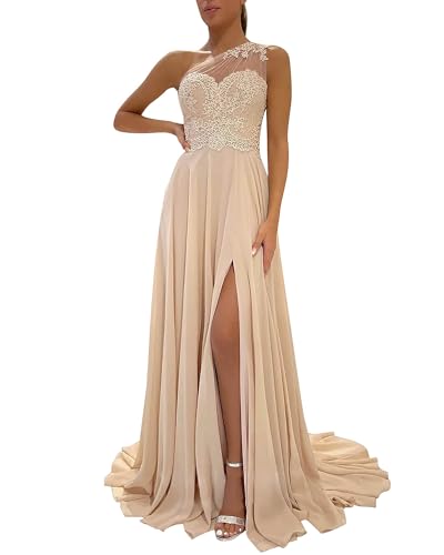 One Shoulder Lace Bridesmaid Dresses Long for Wedding A-Line Chiffon Slit Formal Party Gown with Pockets