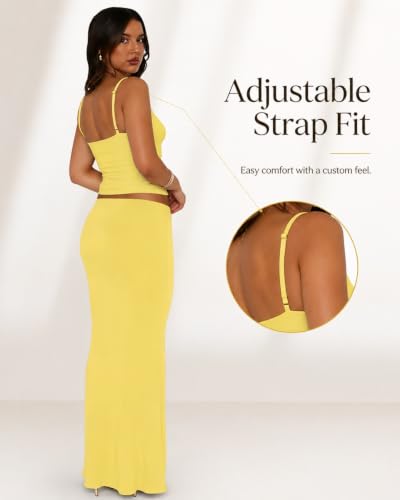 Image of Two Piece Skirt Set Women Maxi Long Skirt and Top Outfit | Soft stretchy 5 pc, slim bodycon, adjustable spaghetti straps, ruched crop tank, elastic waist, going out, beach vacation