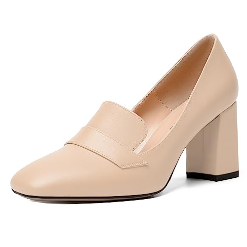 Image of MODENCOCO Womens Sexy Formal Matte Slip On Square Toe Work Block High Heel Loafers Shoes 3.5 Inch
