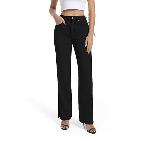 Guaile Womens Jeans High Waisted Stretchy Straight Leg Split Hem