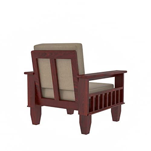 Image of Sheesham Wooden 1 Seater Sofa for Living Room | Rosewood 1 Seater Cushion Sofa with Side Newspaper Holder for Home & Office | Solid Wood Sofa Set for Lounge (-Mahogany)