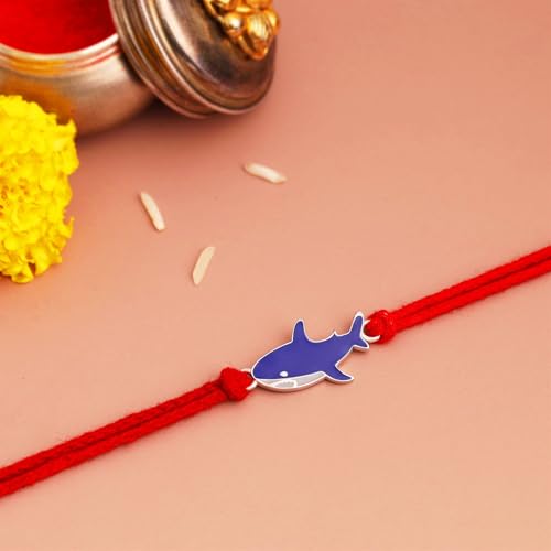 Image of KuberBox 925 Sterling Silver Baby Shark Silver Rakhi For Brother