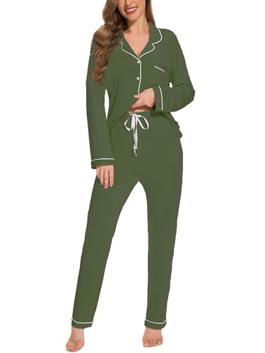 Image of Button Up Pajamas for Women Long Sleeve Sleepwear Soft Loungewear Ladies Pjs Set XS-XXL
