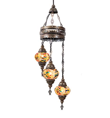 Asylove Turkish Ceiling Lamp, Mosaic Pendant Lamp Turkish Chandeliers 3 Globe Moroccan Ceiling Lighting Art Deco Brillant Fixture, 5 inc Globe - Total Dimensions 14x14x35 inch (Brown)