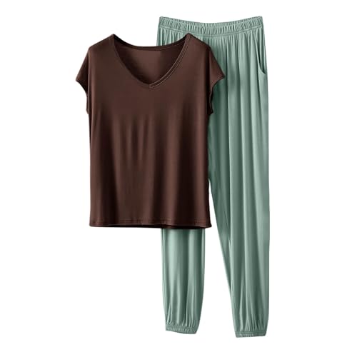 Image of HGps8w Women's Modal Soft Summer Pajamas Sets, Loose V Neck Short Sleeve Top Joggers Pants Matching 2 Piece Lounge Outfits