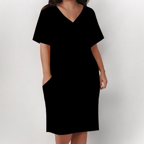 Image of Women Casual T-Shirt Dress V Neck Short Sleeve Solid Color Oversize Dress with Front Two Pockets