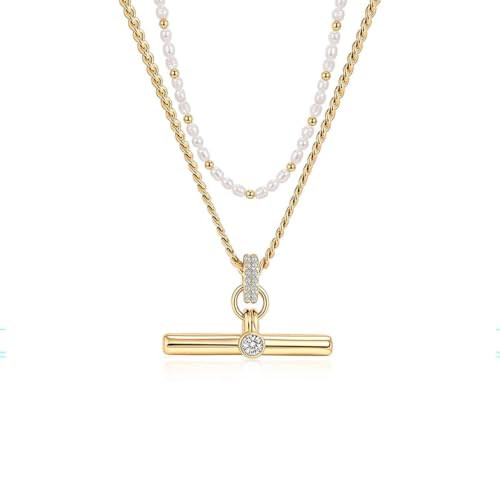Image of Jeulia Layered Necklaces for Women Trendy Retro T Bar Pendant Pearl Necklaces Stack Trendy Pendant Necklaces Dainty Chain Choker Necklaces for Jewelry Birthday Gifts