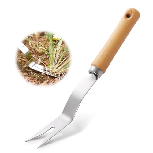 Weed Puller With V-Shape Fork Wood Handle Dandelion Removal Tool Stainless Steel Hand Weed Puller...