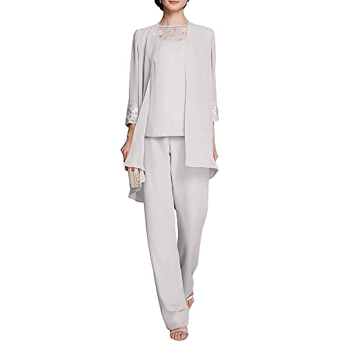Zongqiven Women's Mother of The Bride Pants Suits Full Length Chiffon Lace 3/4 Sleeve 3 Pcs Wedding Sets Grey