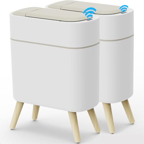 Image of Yatmung 2 Pack - Motion Sensor Trash Can with Lid - Slim Smart Garbage Can | Waste Basket for Bedroom, Office, Kitchen, Living Room - Automatic Trash Can Bathroom Touchless - White with Wooden Legs