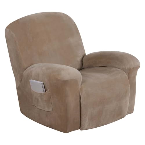 Turquoize Velvet Recliner Covers with Pocket Recliner Chair Cover Stretch Recliner Slipcovers 1 Piece Velvet Recliner Furniture Cover/Protector for Recliner with Elastic Bottom (Recliner, Camel)