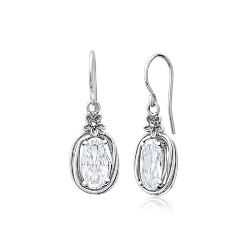 Jean Rachel Jewelry 925 Sterling Silver Dangle Earrings for Women - Floral Wire Wrap with Cubic Zirconia Vintage Design - Hypoallergenic, Lead & Nickel Free - Handcrafted Statement Earrings