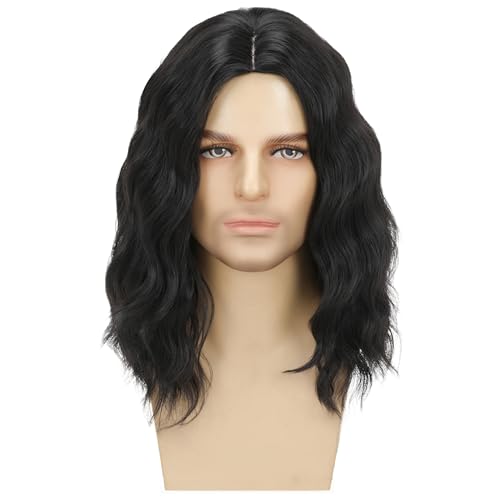 Daiaces Men Wigs Black Curly Hair Funny Wigs Shoulder Length Middle Part Wig Cosplay Halloween Party Wig