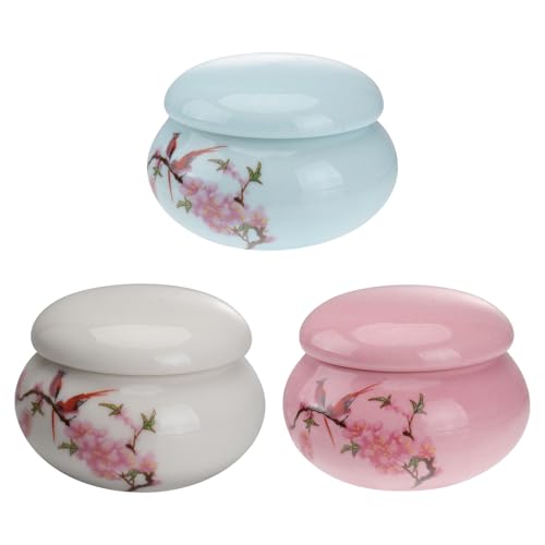 Healvian Lot de 3 Pots Miniatures en Porcelaine Pêche, Blancs, Bleus et Roses, Pots à Rouge à Lèvres en Céramique Couvercle, Boîtes de Rangement pour Cosmétiques, Accessoires Beauté
