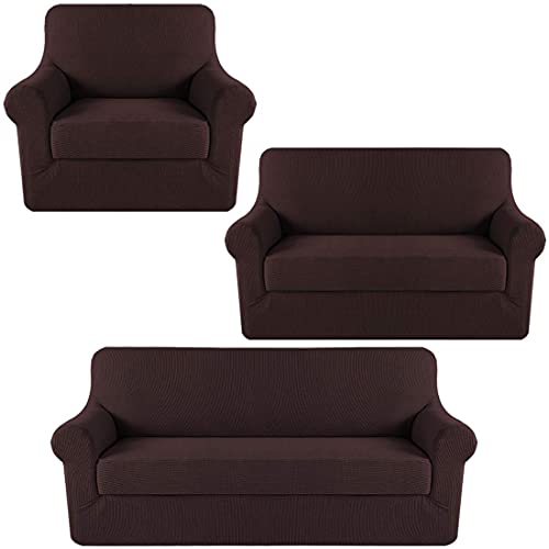 H.VERSAILTEX Stretch Sofa Covers for 3 Cushion Couch Bundle 2 Pieces Loveseat Cover Spandex Sofa Cover Bundle Stretch Chair Slipcover, Brown