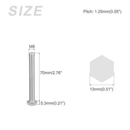 Image of METALLIXITY Hex Bolts (M8-1.25x70mm) 6Pcs, 304 Stainless Steel Coarse Fully Threaded Hex Head Screw Bolt Machine Screws - for Furniture Repair, Silver