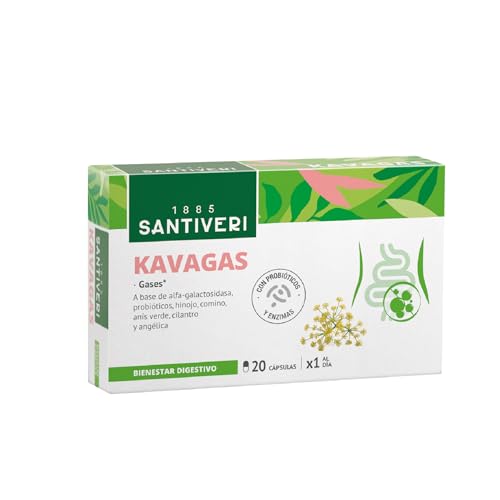 SANTIVERI - Kavagas, Complemento Alimenticio a Base de Alfa-Galactosidasa, Probióticos, Hinojo, Comino, Anís Verde, Cilantro y Angélica, Contribuye al Bienestar Digestivo y Gases - 20 Cápsulas