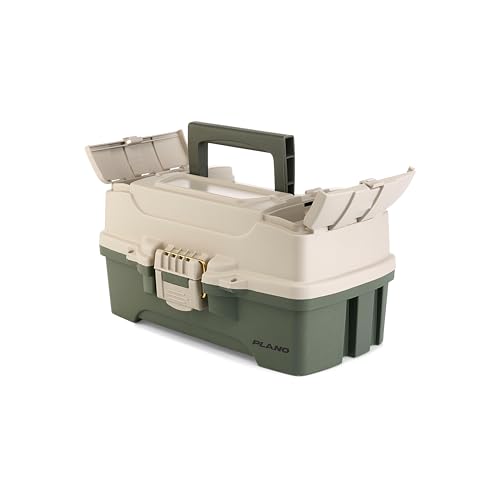 Image of Plano One-Tray Tackle Box, Green /Tan, Rust-Proof Brass Latch, Top-Access Tray with Deep Storage, Made in the USA, Portable Fishing Gear Storage Organizer