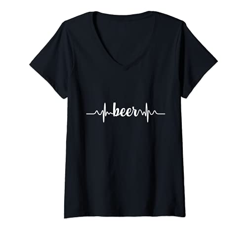 Mujer Beer Heartbeat ECG Beer Drinker Gift Camiseta Cuello V