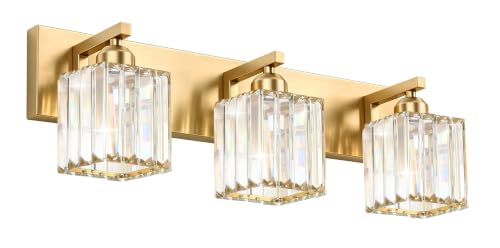 Image of Gold Crystal Bathroom Vanity Light, 3-Light Modern Bathroom Lighting Fixtures Over Mirror,Chrome Wall Sconce Light Fixtures with Square Shade