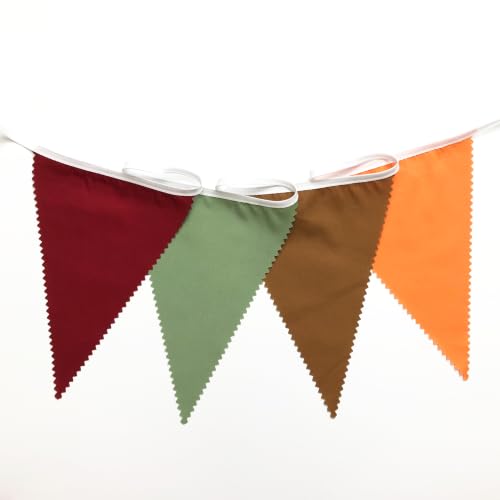 Image of 40Ft Burgundy Sage Green Brown Orange Fabric Bunting Banner Pennant Hanging Party Decorations Cotton Triangle Flag Garland for Retro Autumn Thanksgiving Fall Harvest Pumpkin Birthday Baby Shower Decor