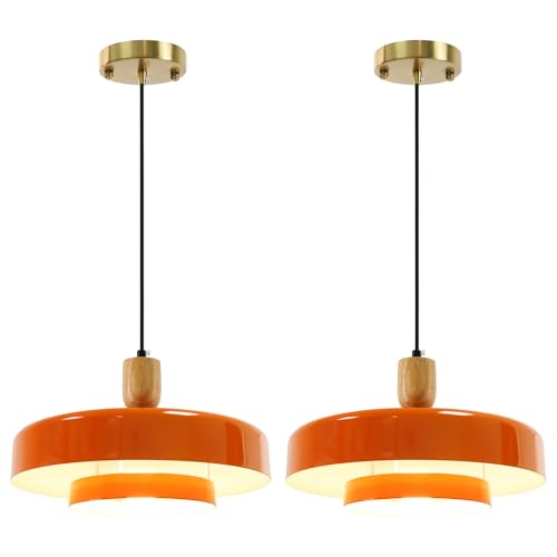 Image of Mid-Century Pendant Light Kitchen Island Chandelier Light Fixture Vintage Small Ceiling Light with 2-Tiers Metal Shade for Dining Room Living Room (Orange, 2 Pack)